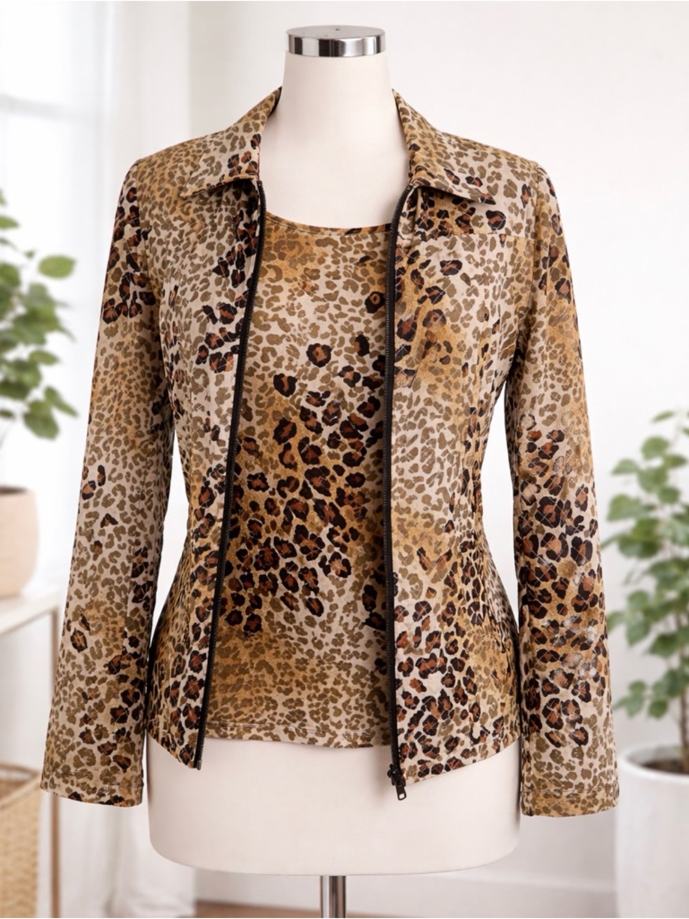 Cheetah Print Jacket & Cami Set Silk Quilted Sz S Dorman Mob Wife